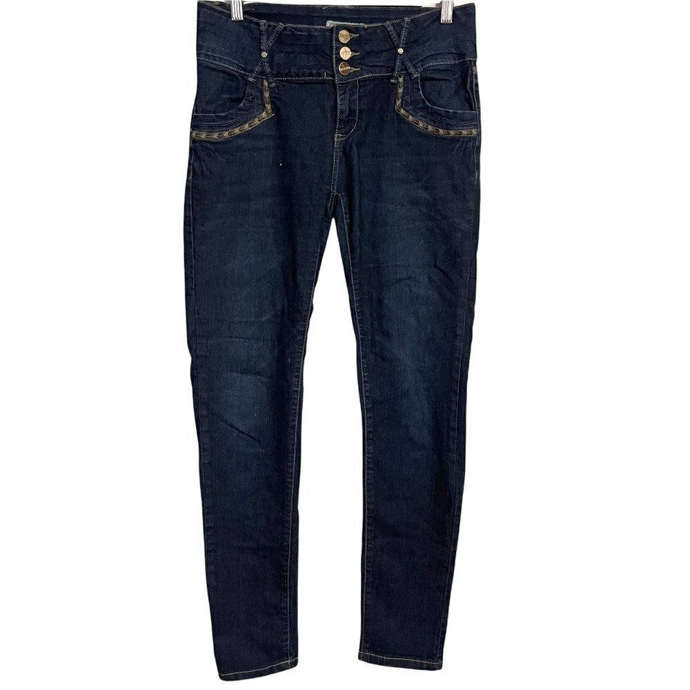 I&M Jeans Women's Dark Mid Wash Embroidered Trim Stretch Skinny Jeans Size 30